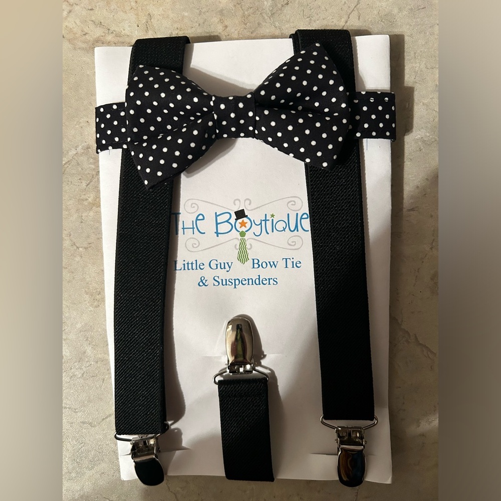 Children’s Black Polka Dot Bow Tie with Black Suspenders